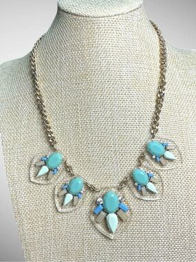 J.Crew 2010s Lucite Jeweled Statement Necklace Mint Blue Gold Tone